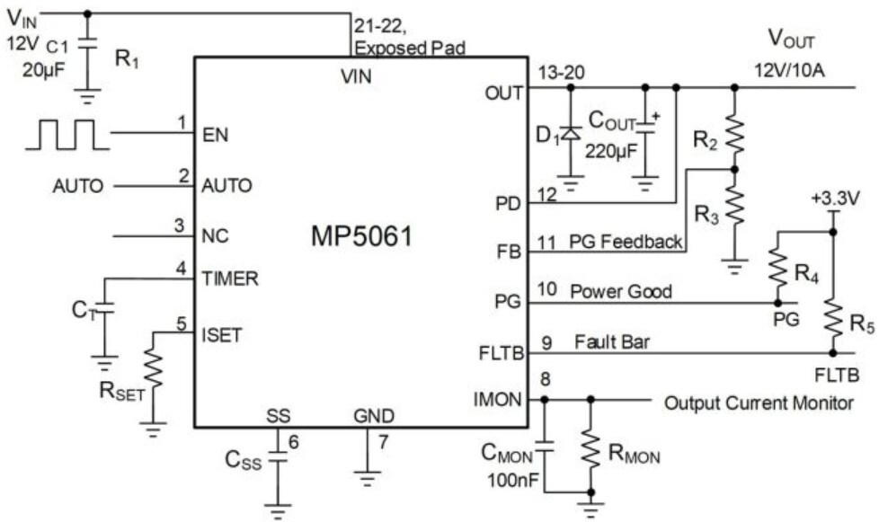 Application Circuit Diagram - Monolithic Power Systems (MPS) MP5061 Hot Swap Voltage Controllers