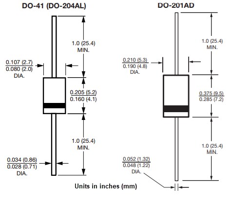 Mechanical Drawing - Vishay 1N58x Schottky Barrier Plastic Rectifiers