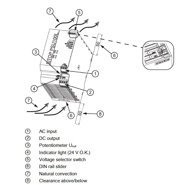 Mechanical Drawing - Siemens SITOP PSU100L Single-Phase DIN-Rail Power Supplies