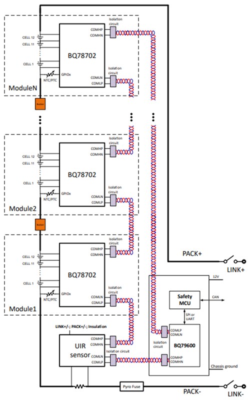 Application Circuit Diagram - Texas Instruments bq78702B 18-S Stackable Battery Monitor