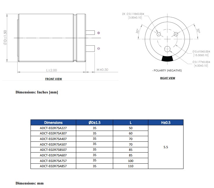 Mechanical Drawing - Abracon ADCT-E02R7S High-Capacitance EDLC Supercapacitors