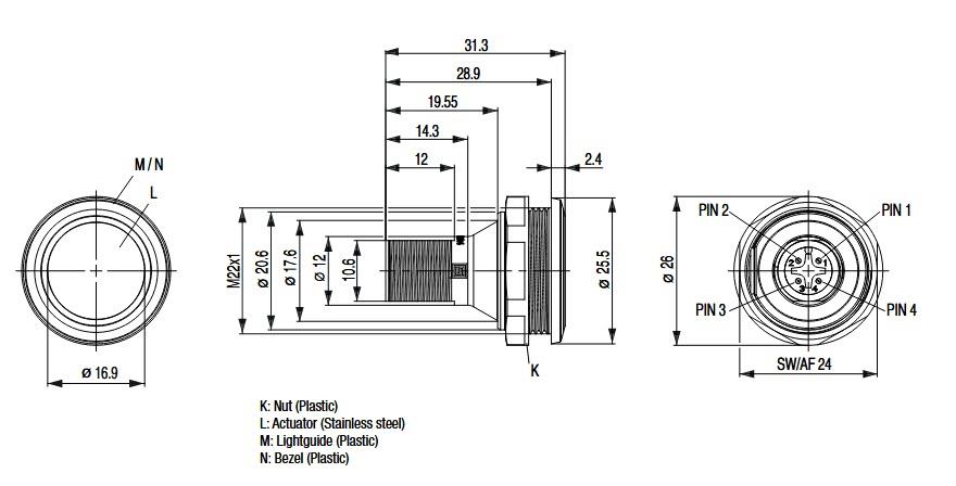 Mechanical Drawing - Schurter MSS-IO Metal Line Switches