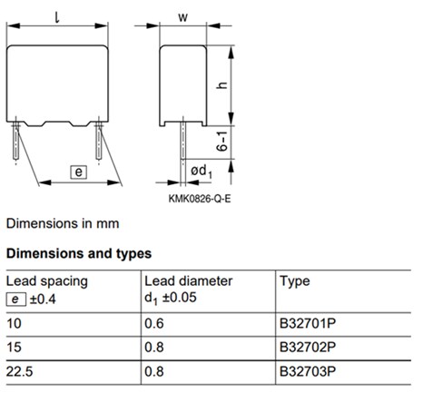 Mechanical Drawing - EPCOS / TDK B3270xP Metallized Film Capacitors