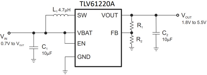 Schematic - Texas Instruments TLV61220A Low-Input Voltage Step-Up Converter