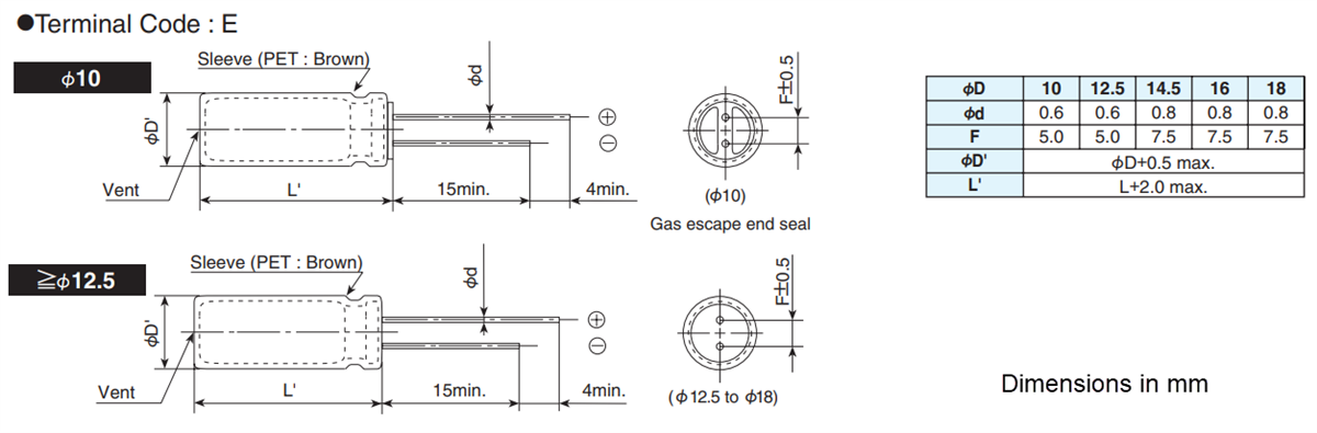 Mechanical Drawing - Chemi-Con KHF Aluminum Electrolytic Capacitors