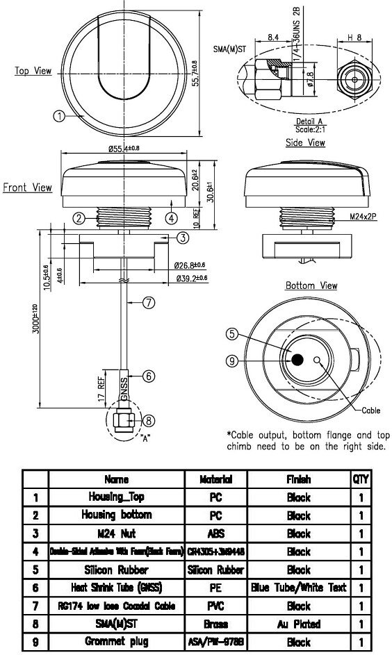 Mechanical Drawing - Taoglas A.30.B Ultima Heavy-Duty Antenna